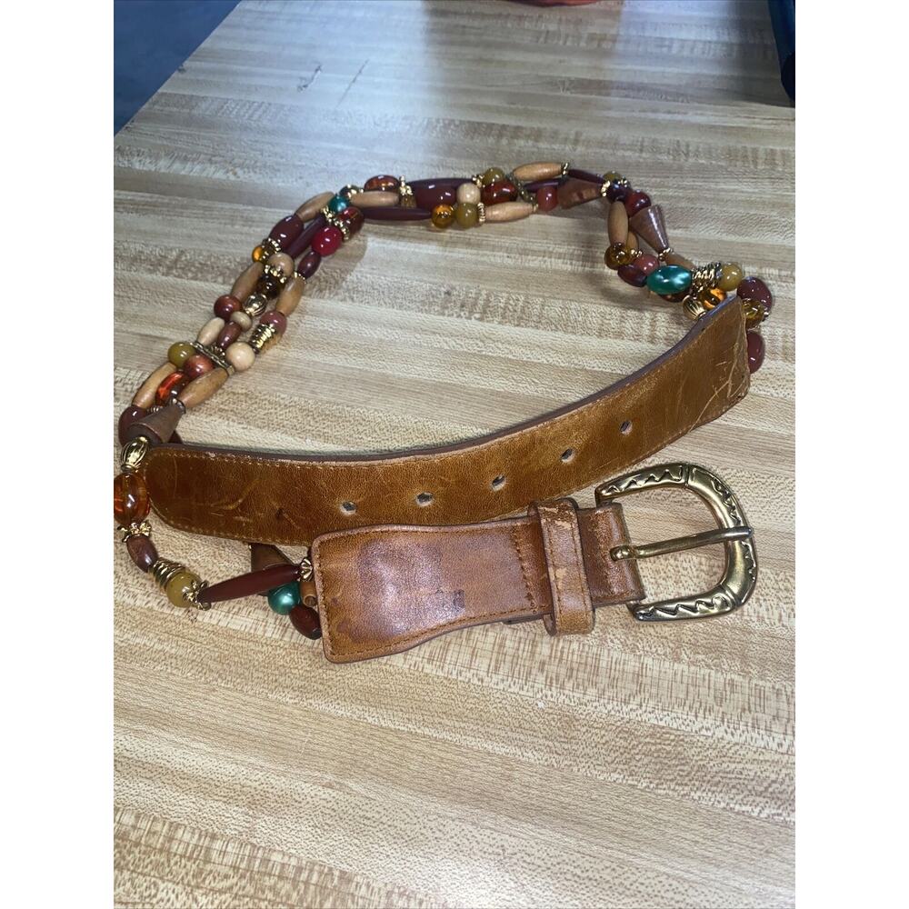 COMPAGNIE INTERNATIONALE EXPRESS Brown Leather Beads Gold Tone Belt Sz Medium